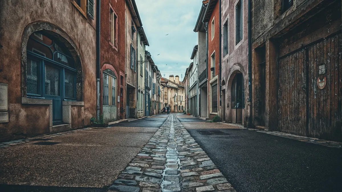 Route avec des maisons dans une ville, un village ou une vieille ville